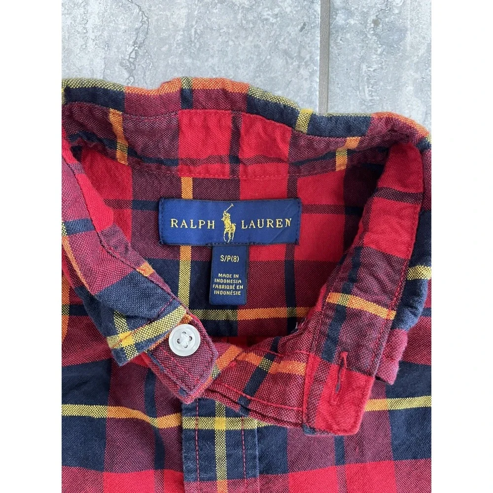ralph lauren Red Yellow Navy Plaid Button Down Shirt Boys kids size small Preppy